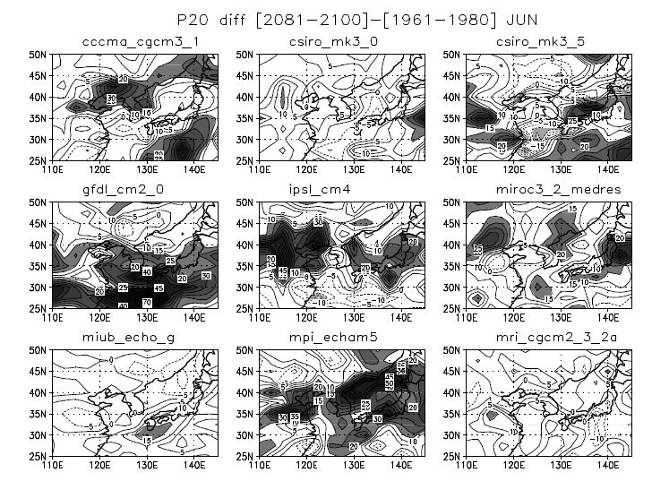 그림 3.8.7 A1B 시나리오에 따른 장기 미래 기간 (2081∼2100년)과 과거 기간 (1961∼1980년) 6월 동안의 극한 강수 지수 (P20) 차이의 공간분포.