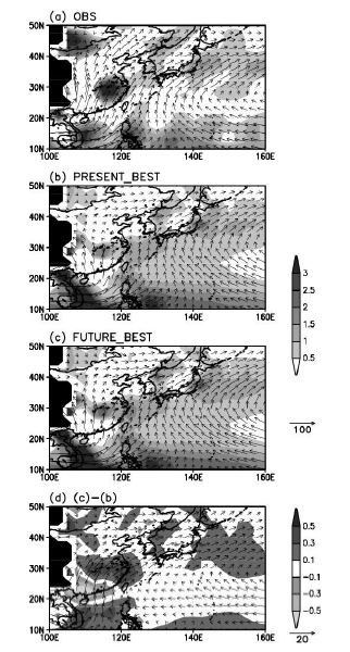 그림 3.8.22 (a) 관측 자료, (b) G 그룹 모형으로부터 얻은 현재, (c) G 그룹 모형으로부터얻은 미래의 여름철 하층 수증기 수송 수렴, (d) 미래와 현재의 수증기 수송 수렴차이.