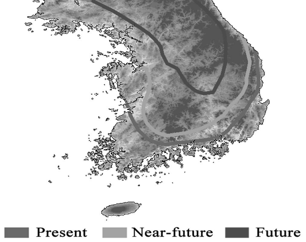 그림 3.8.31 Trewartha(1980)에 의한 A1B 시나리오 하의 한반도 아열대 기후 구분대의 변화.