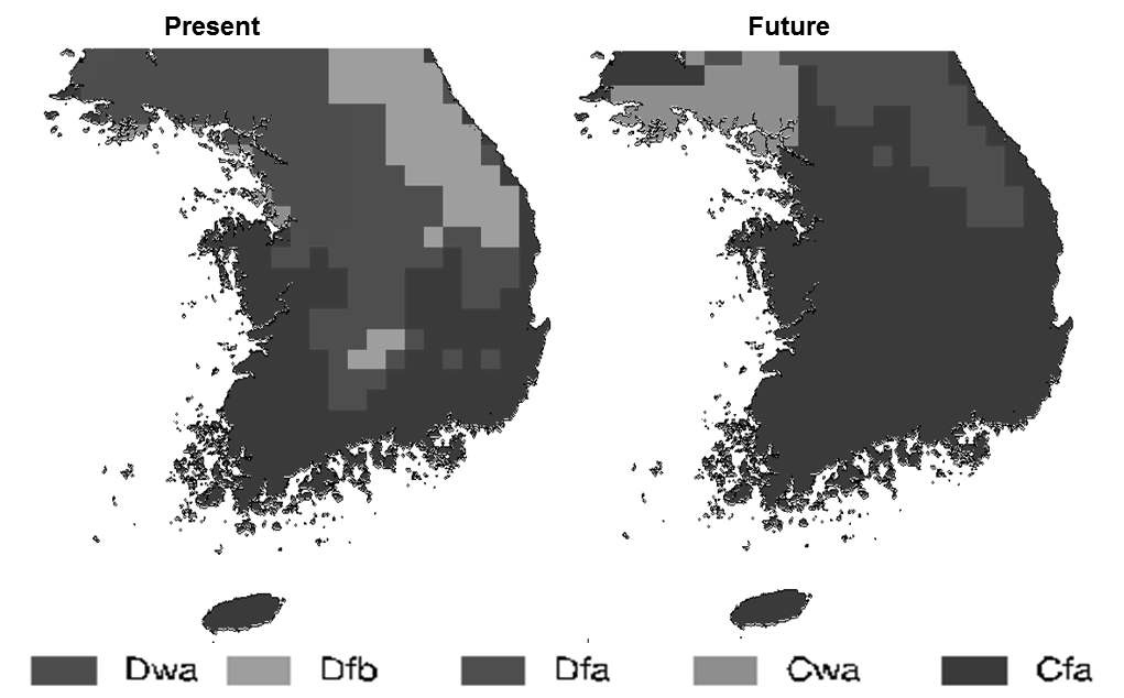 그림 3.8.32 Koppen(1918)에 의한 A1B 시나리오 하의 한반도 기후 구분대의 변화.