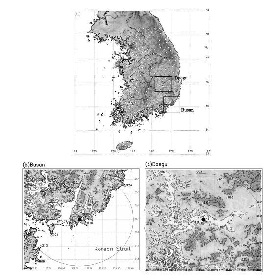 그림 3.1.7 선택된 네트워크의 위치와 관측지점 분포 (a) 한반도, (b)부산 네트워크, (c)대구 네트워크.