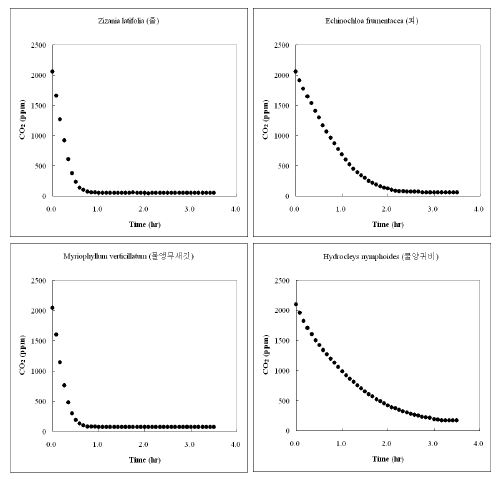 Batch 조건에서 시행된 수생초본류의 CO2저감 농도변화 (PR-9. Z. latifolia, 줄; PR-10. E. frumentacea, 피; PR-11. M. verticillatum, 물앵무새깃; PR-12. H. nymphoides, 물양귀비)