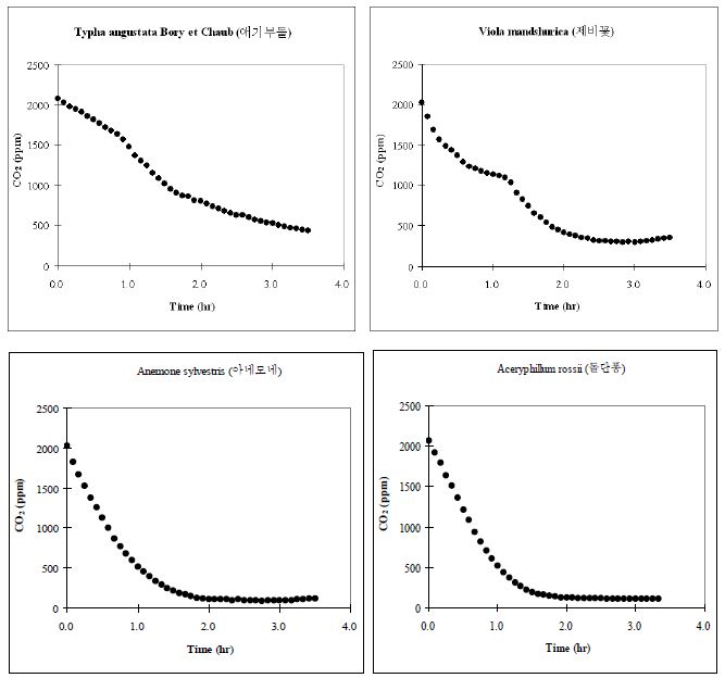 Batch 조건에서 시행된 육상초본류의 CO2저감 농도변화 (PR-69. T. angustata Bory et Chaub, 애기부들; PR-70. V. mandschurica, 제비꽃)