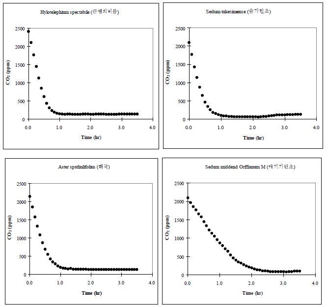 Batch 조건에서 시행된 육상초본류의 CO2저감 농도변화 (PR-77. H. spectabile, 큰뀅의비름; PR-78 S, takesimense, 섬기린초; PR-79. A. spathulifolius, 해국; PR-80. S. middend, 애기기린초.)