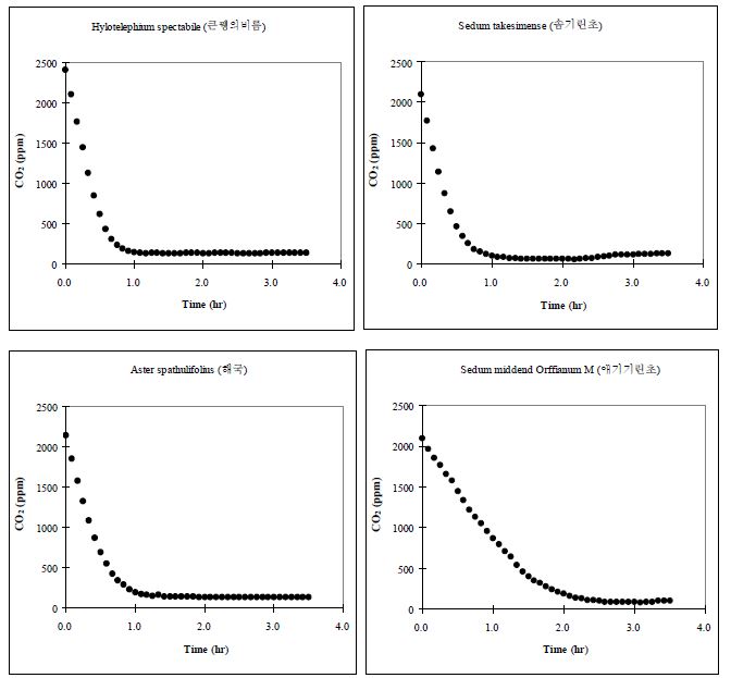 Batch 조건에서 시행된 육상초본류의 CO2저감 농도변화 (PR-77. H. spectabile, 큰뀅의비름; PR-78 S, takesimense, 섬기린초; PR-79. A. spathulifolius, 해국; PR-80. S. middend, 애기기린초.)