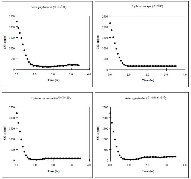 Batch 조건에서 시행된 육상초본류의 CO2저감 농도변화 (PR-89. L. anceps, 부처꽃; PR-90. V. papilionacea, 종지나물; PR-91. A. ageratoides, 모닉쑥부쟁이; PR-92. H. vernale, 노랑매미꽃)