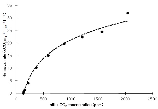 Batch 환경에서 I. setosa 종의 CO2 제거율에 초기 CO2 농도가 미치는 영향