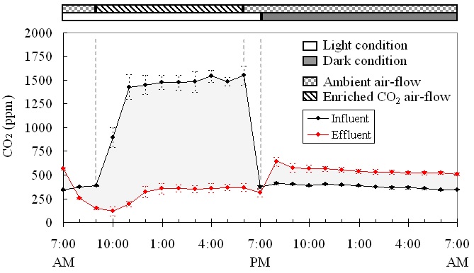 식생반응기에서 하루동안 3단계의 유입, 유출 가스 중 CO2 농도