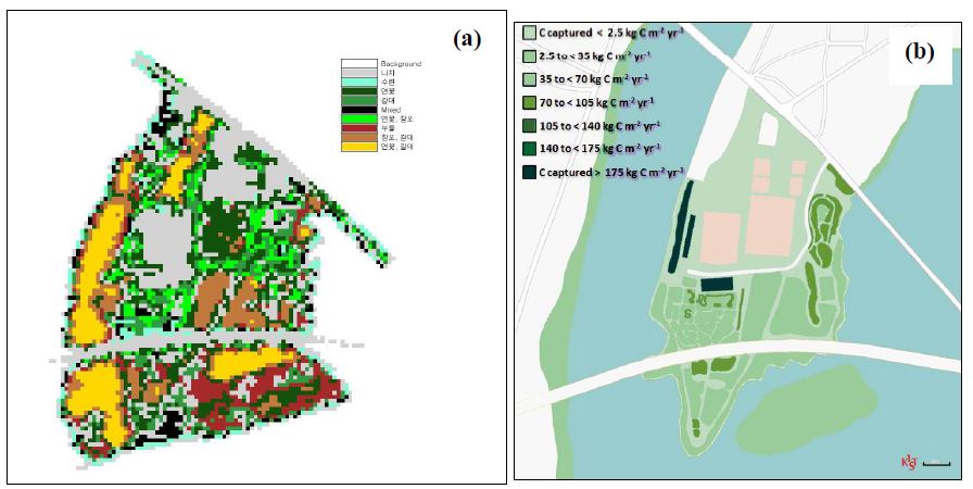 두가지 방법에 의한 공간적인 식생의 분류 이미지의 비교 (a) CO2 흡수율을 이용한 방법 (b) 원격으로 얻어진 데이터를 이용한 방법