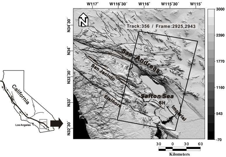 산 안드레아스 단층대의 지형기복도 및 연구에 활용된 SAR 영상의 트랙 (Jo et al., 2010).