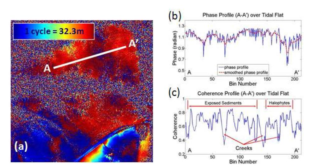 (a) TerraSAR-X 간섭도, (b) 강화도 갯벌 phase profile, © 조간대 내의 긴밀도