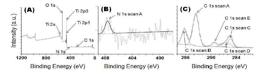 XPS spectrum. (A)C/N 도핑 TiO2 NTs, (B)N1s, (C)C1s peak.
