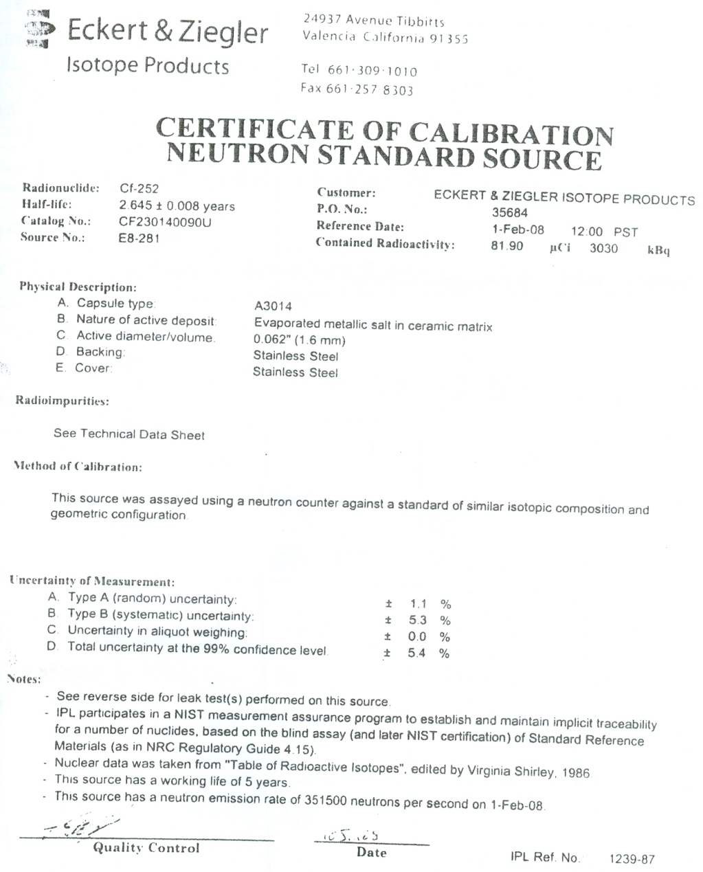 그림 3.2.3.3 Calibration certificate of the Cf-252 neutron source