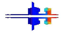 FEM heat transfer simulation result of the KRISS adiabatic line (red: hot, blue: cold).