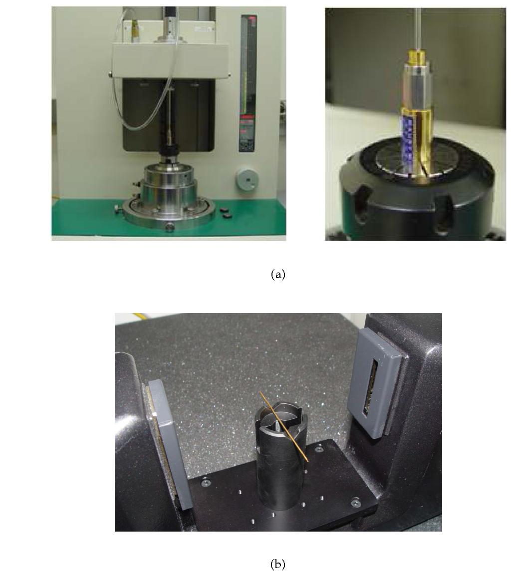 Diameter measurement of 2.4 mm air lines. (a) Inner diameter measurement using a air-gauging system. (b) Outer diameter measurement using a laser micrometer