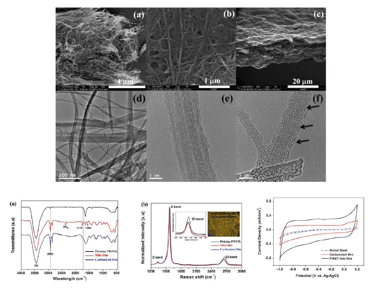 EBA가 기능화된 FWNT의 FT-IR, Raman, CV, SEM 결과