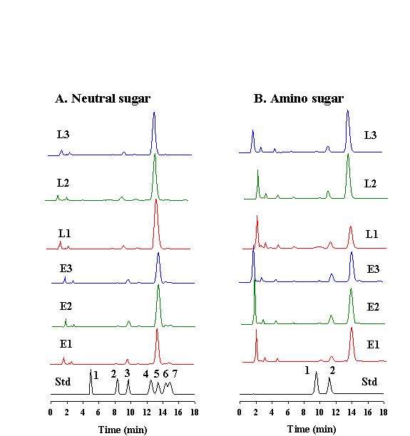 A 와 B, HPAEC-PAD chromatogram은 진토닌이 rhamnose, arabinose, glucose, manose와 xylose 같은 5종류의 neutral sugar (중성당)와 glucosamine의 한 종류의 amino sugar (아미노 당)으로 구성되어 있는 것을 보여준다