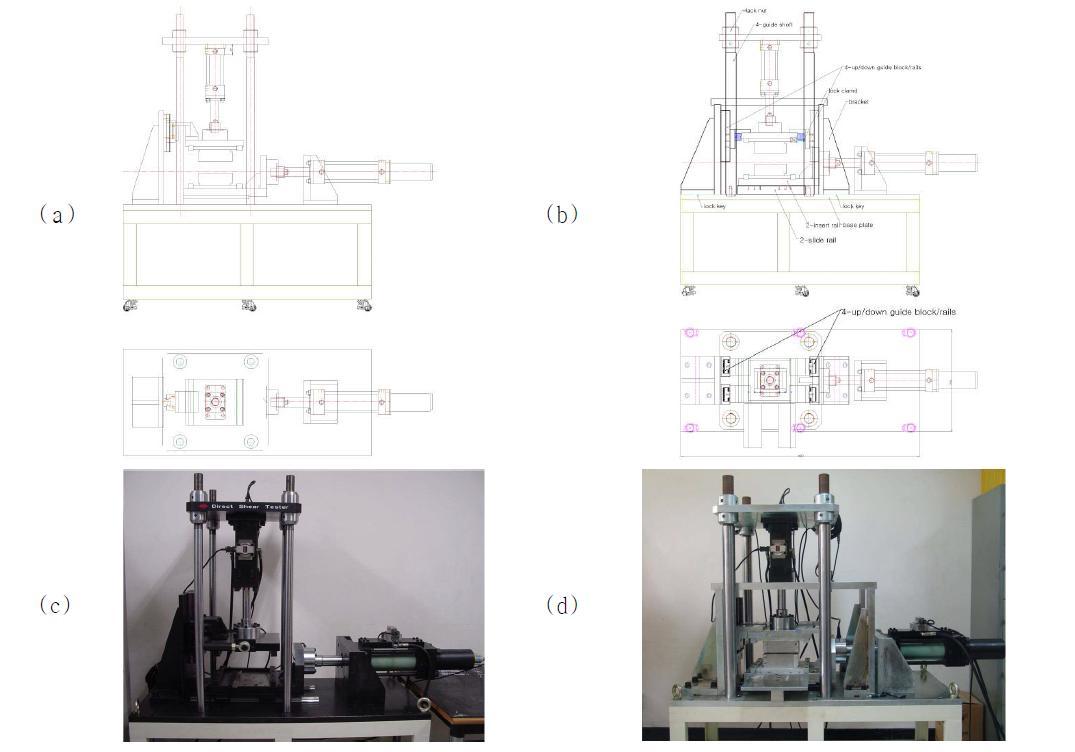 절리면 전단시험기; (a) 절리면 전단시험기의 평면도, (b) 개선된 절리면 전단시험기의 평면도,(c) 절리면 전단시험기, (d) 개선된 절리면 전단시험기