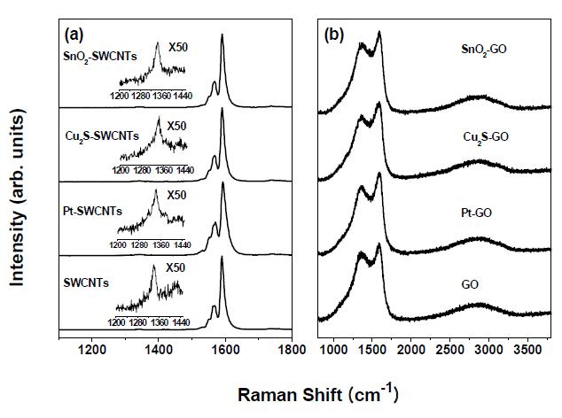 (a) NC-SWNT 및 (b) NC-graphene oxide 의 라만 스펙트럼