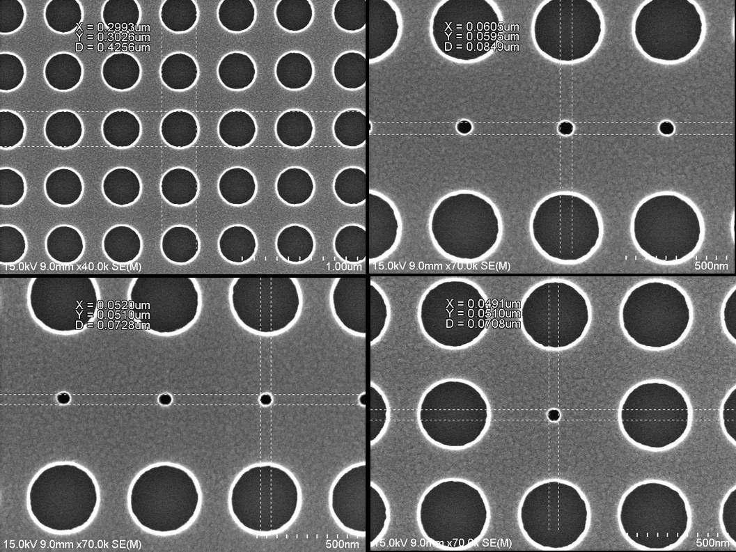 E-beam lithography로 정의한 광결정 구조의 SEM 사진