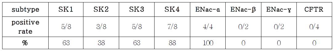 Detection rate of mRNAs of Ca2+-activated K+ channels (SK), constitutively active sodium channels (ENac) and chloride channel (CFTR) in the organ surface BHC/D