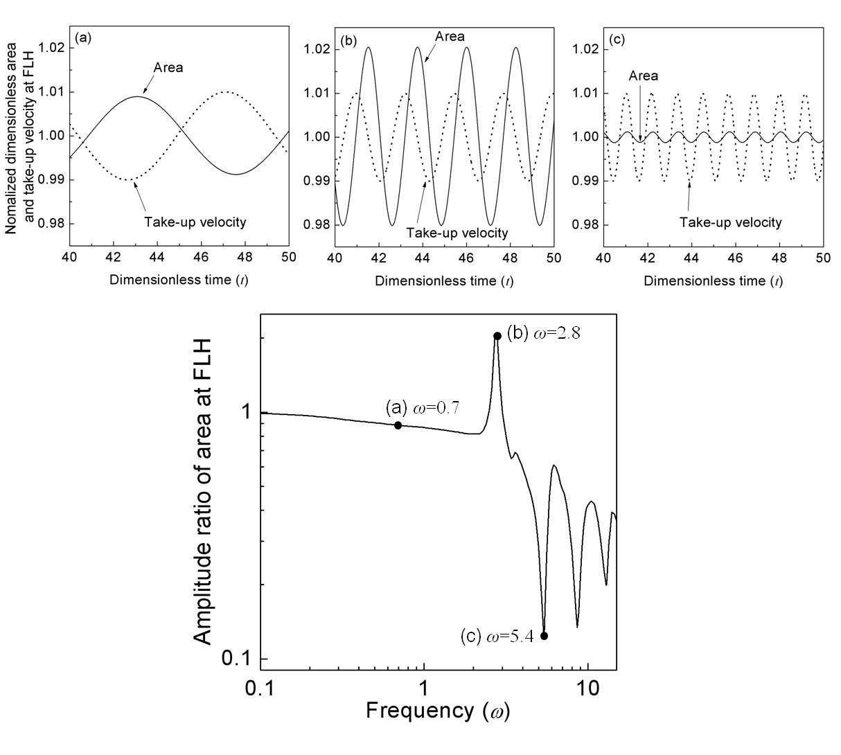 Frequency response of film area at FLH when a sinusoidal disturbance is imposed on take-up velocity.