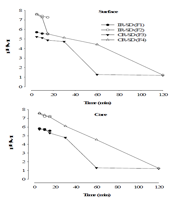 속방 및 서방출성 고체분산체의 표면 및 core 미세 pH 변화