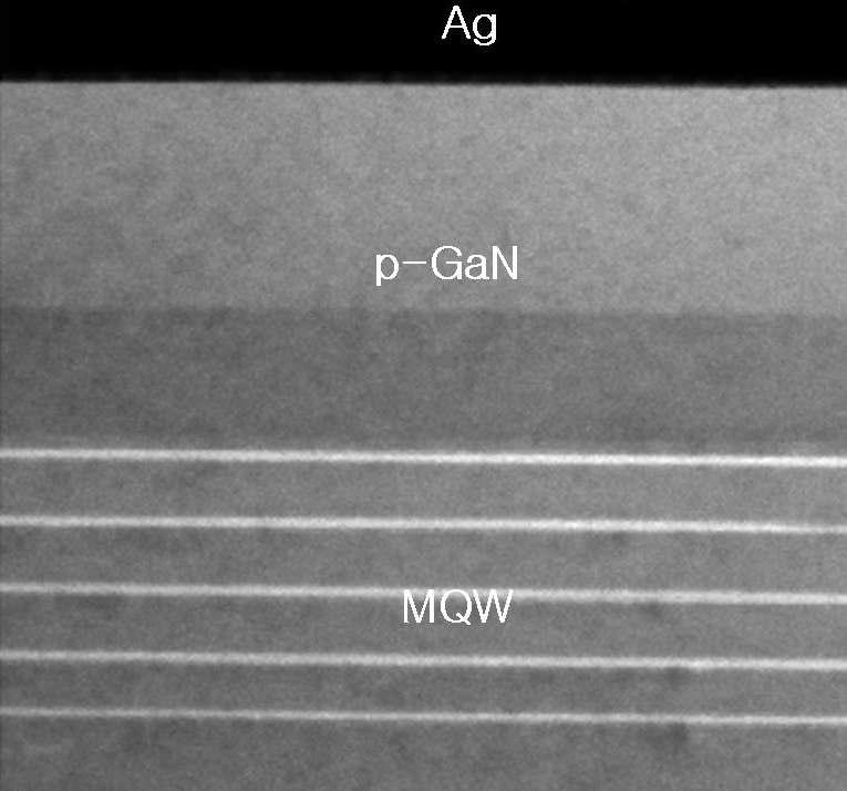 실험에 사용한 epi 구조의 TEM 측면 사진. 흰색 스케일바는 50nm를 표시