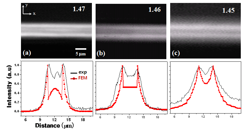 코어 유전체 굴절률에 따른 측정된 모드 이미지와 y-axis 모드 분포도 (a) 1.47, (b) 1.46, (c) 1.45