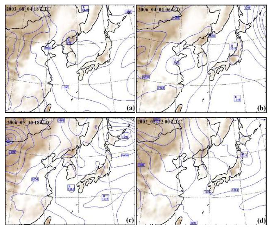 The weather chart at the surface for an MP (a), LP (b), NP (c) and SP (d) pattern. These are produced by using GDAS data