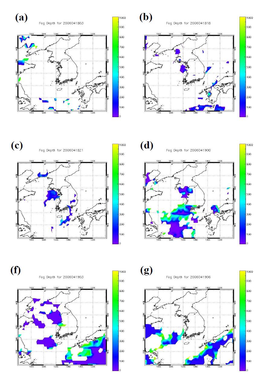 Fog depth (m) calculated by satellite data from MTSAT-1 for cold sea fog case.