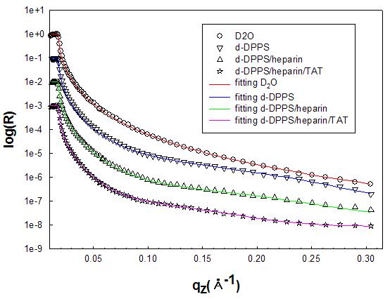 Tat이 Tat의 receptor로 알려진 heparin이 혼합된 물질에 흡착하는 단일 lipid 분자 표면에 측정한 중성자 반사율 결과.