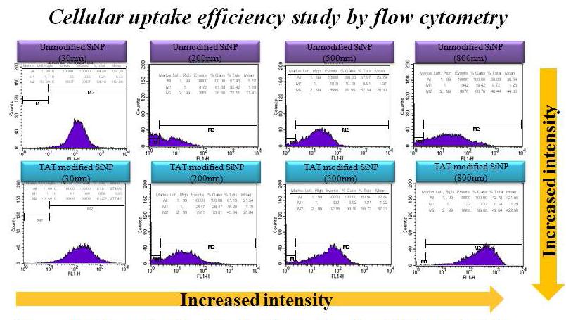 particle에 따른 uptake효율을 분석하기 위하여 측정한 FACS 결과