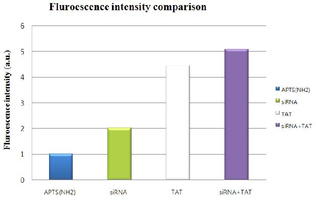 Tat-modified particle에 결합된 siRNA가 다른 control에 비하여 월등하게 많이 삽입된 FA CS 결과.