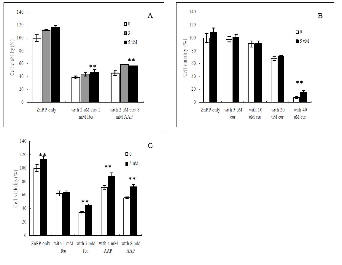 Modulation of cytotoxicity of curcumin and/or OTC drugs by ZnPP (a HO-1 inhibitor) in INT 407 normal intestinal cells.