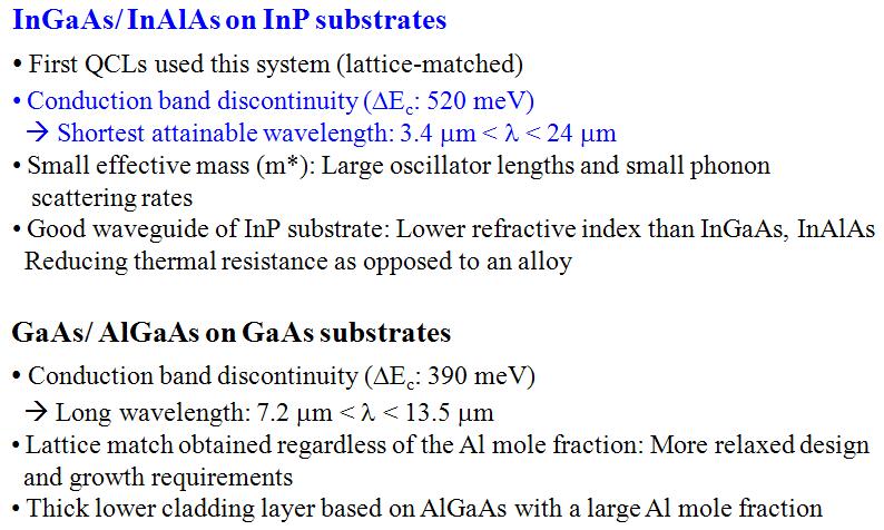 InP 기판위의 InGaAs/InAlAs 초격자 구조와 GaAs 기판위의 GaAs/AlGaAs 초격자 구조의 비교 분석.