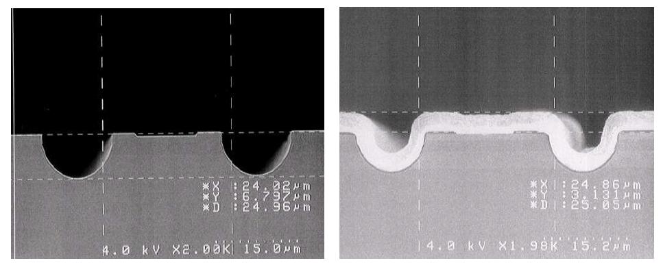 Double channel ridge 구조의 양자계단 레이저의 식각과 passivation 공정의 전자현미경 사진.