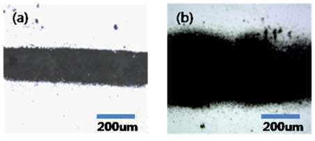 SoD가 300μm에서 (a) 3μm 크기의 분말을 이용하여 형성된 니켈 라인과 (b) 20nm 크기의 분말을 이용하여 형성된 니켈 라인