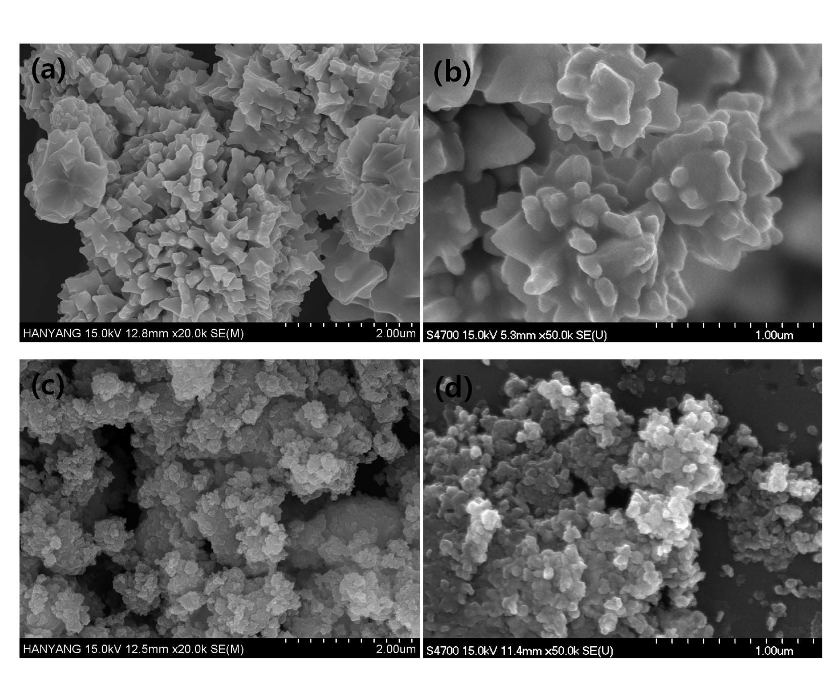 분사하기 전 3μm 크기의분말의 모습 (a) 20000 배 확대, (b) 50000배 확대 사진과 분사 후 3μm 분말의 사 진 (c) 20000배, (d) 50000배 확대 모습
