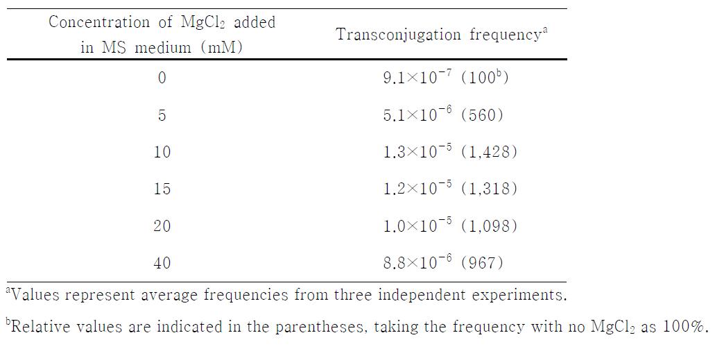 Effects of MgCl2 concentration in MS medium on the transconjugation efficiency.