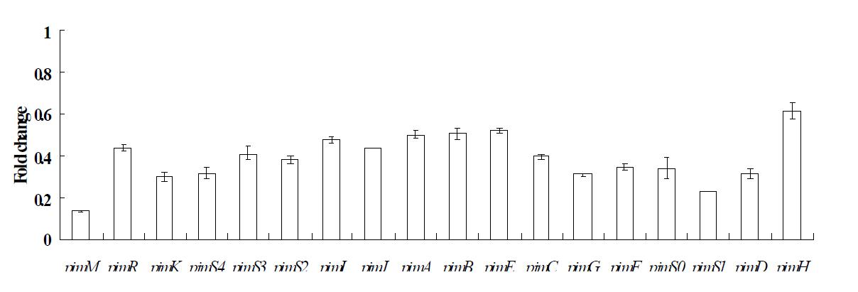Transcriptional comparison of the genes related to biosynthesis of natamycin from the ORF2-disruptant and S. natalensis wild-type strain cultivated for 36 h. The mRNA levels of the ORF2-disruptant strainand S. natalensis wild-type strain were determined by real-time qRT-PCR. The lysA gene was used as the reference gene. The error bars indicate the standard deviations from the means.