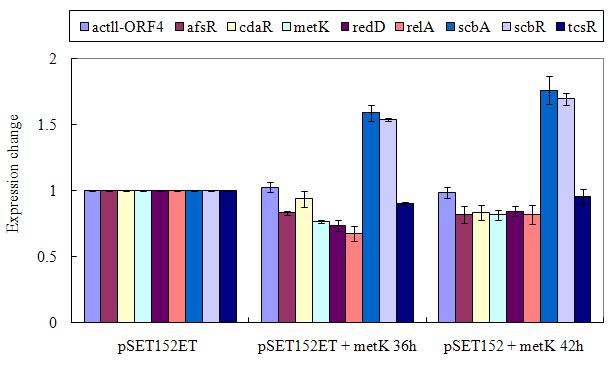 Transcriptional comparison of regulatory genes from the pSET152ET-integrated S. lividans TK24 as control and pSET152ET-metK-integrated S. lividans TK24 cultivated for 36 h and 42h by real-time qRT-PCR. The lysA gene was used as the reference gene. The error bars indicate the standard deviations from the means.