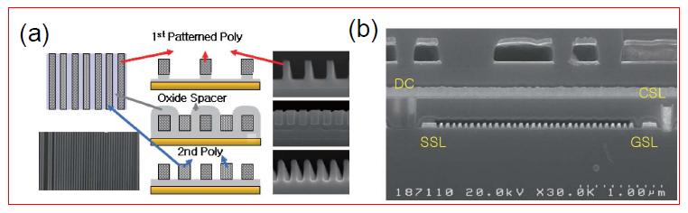 (a) 자기정렬된 double patterning 기술을 이용하여 미세한 반도체 패턴을 형성한 전자현미경 사진 및 (b) 이러한 방법을 통해 성된 NAND 플래시 메모리의 셀 string 사진.