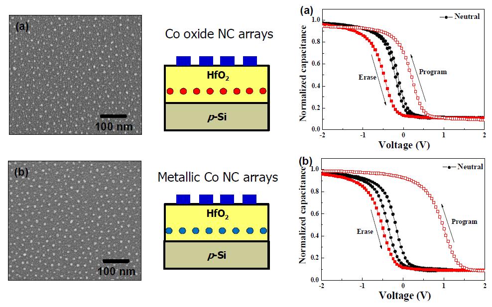 Diblock copolymer micelle을 이용하여 제작된 메모리 소자의 모식도 및 동작 특성