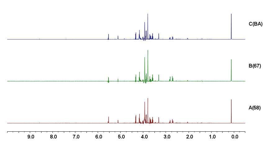 3종 청국장 발효 0시간 aqueous fraction 1H NMR spectrum 비교