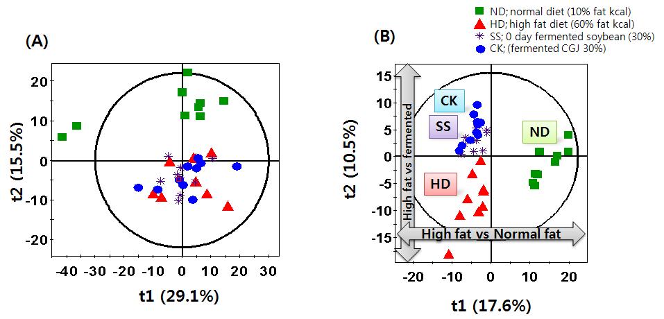 A PCA score scatter plots (A) and a PLS-DA scatter plots (B) of the first two components for mice fed high fat diet and fermented soybean products by the associated negative mode of RP-LC/MS analysis