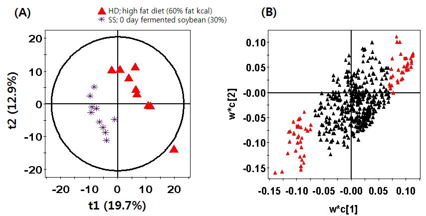 A PLS-DA score scatter plots (A) and a loading plots (B) of the first two components for high fat diet and high fat diet with fermented soybean by the associated negative mode of RP-LC/MS analysis