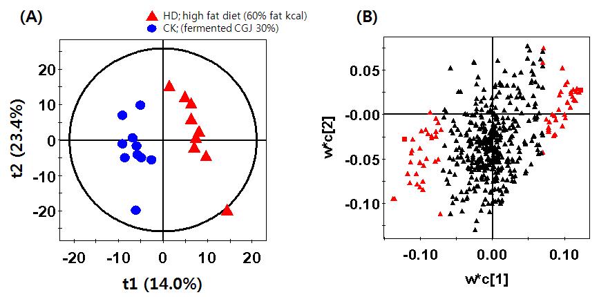 A PLS-DA score scatter plots (A) and a loading plots (B) of the first two components for high fat diet and high fat diet with CKJ by the associated negative mode of RP-LC/MS analysis
