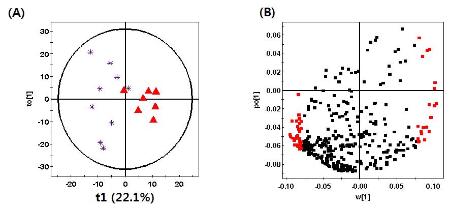 A OPLS-DA score scatter plots (A) and a loading plots (B) for 2 and 3 groups by the associated positive mode of RP-LC/MS analysis.