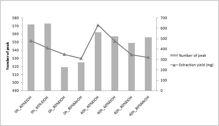 청국장 0시간, 40시간 시료의 추출효율과 매스크로마토그램 피크 수